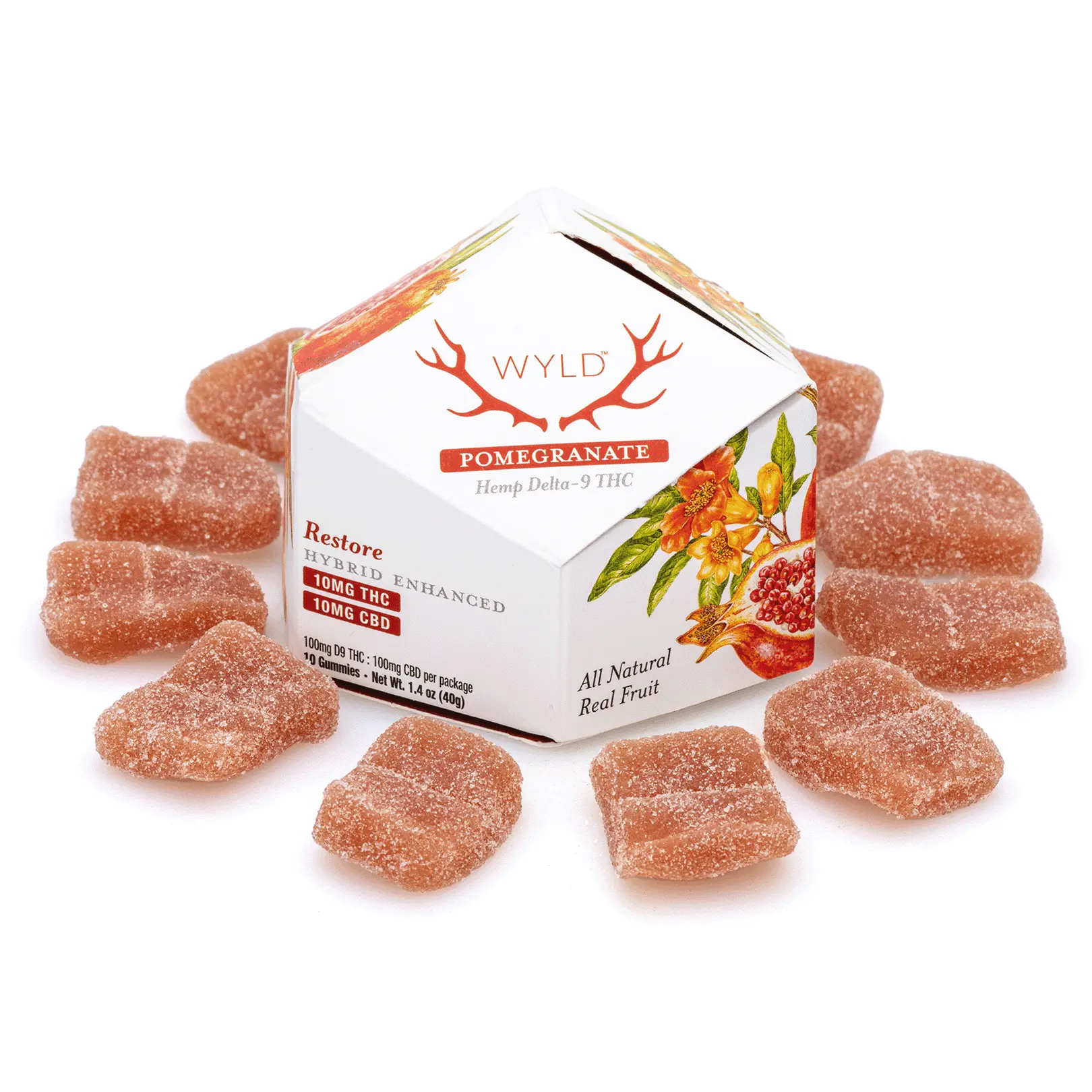 Wyld Delta 9 / CBD Restore Gummies – Pomegranate – 10 Count (100 mg Delta 9 THC + 100 mg CBD Total)